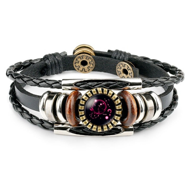 Zodiac Sign Bracelets 12 Constellation Beaded Hand Woven PU Leather Bracelets