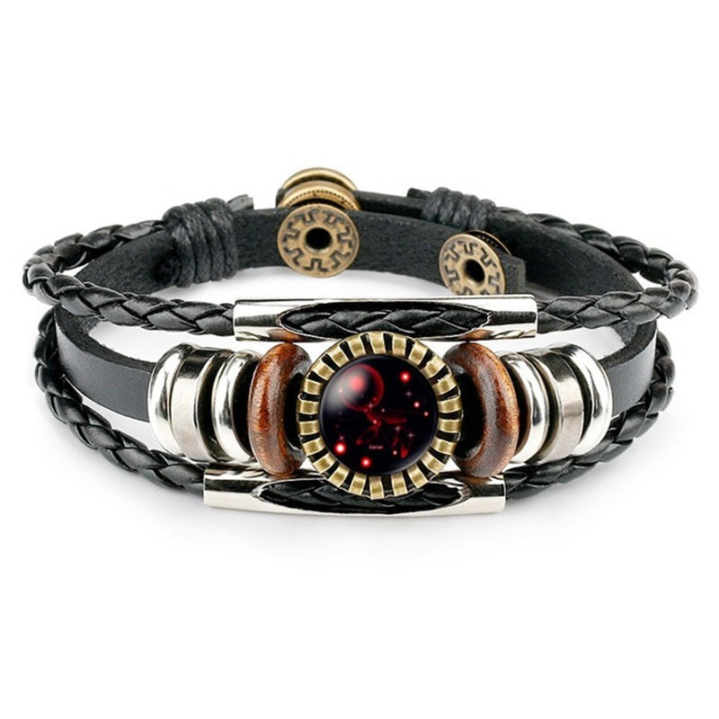 Zodiac Sign Bracelets 12 Constellation Beaded Hand Woven PU Leather Bracelets