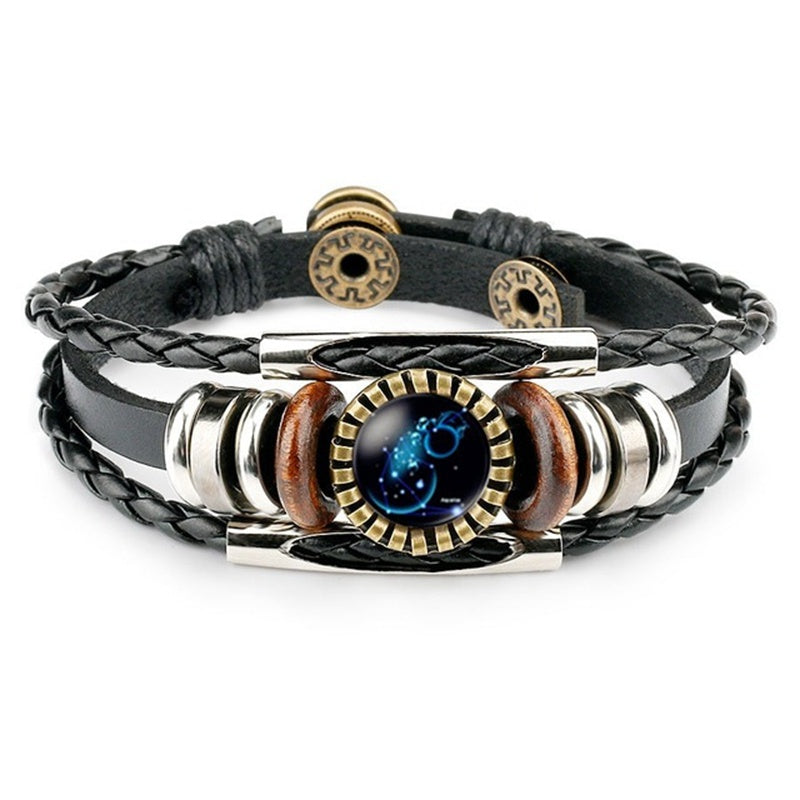 Zodiac Sign Bracelets 12 Constellation Beaded Hand Woven PU Leather Bracelets