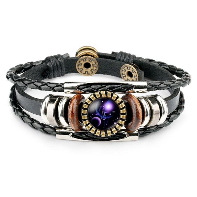Zodiac Sign Bracelets 12 Constellation Beaded Hand Woven PU Leather Bracelets