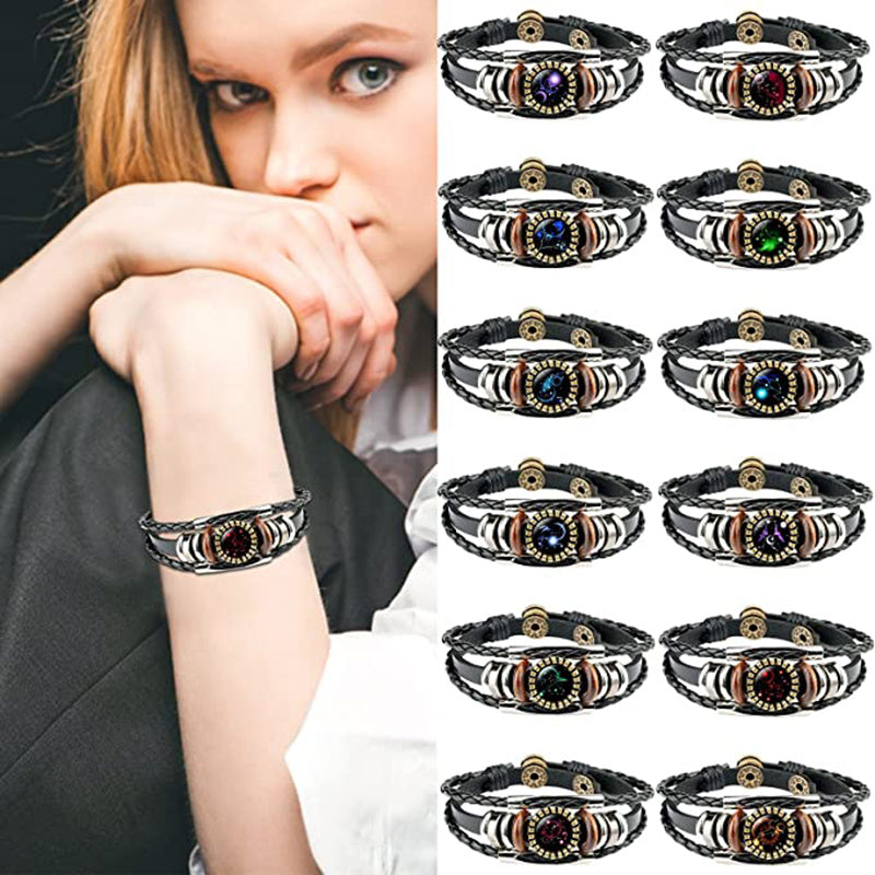 Zodiac Sign Bracelets 12 Constellation Beaded Hand Woven PU Leather Bracelets