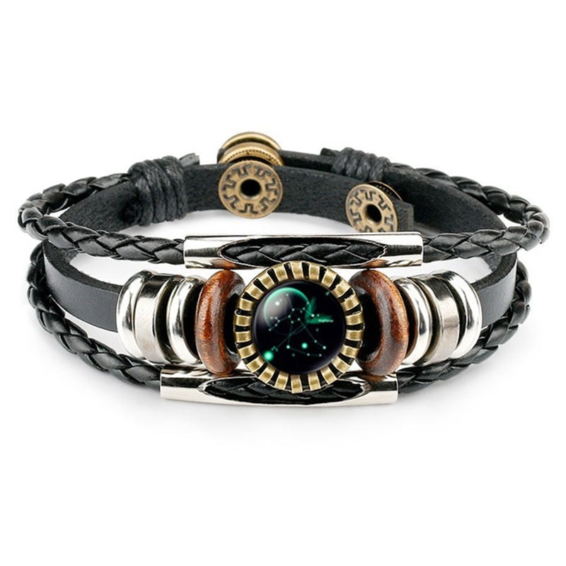 Zodiac Sign Bracelets 12 Constellation Beaded Hand Woven PU Leather Bracelets