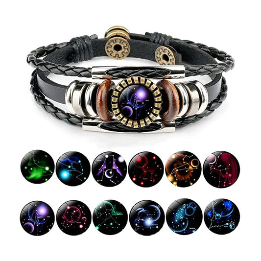 Zodiac Sign Bracelets 12 Constellation Beaded Hand Woven PU Leather Bracelets