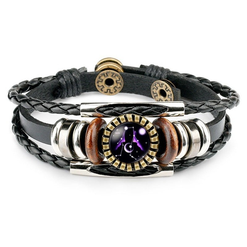 Zodiac Sign Bracelets 12 Constellation Beaded Hand Woven PU Leather Bracelets