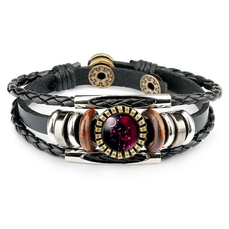 Zodiac Sign Bracelets 12 Constellation Beaded Hand Woven PU Leather Bracelets